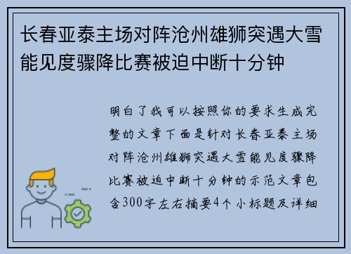 长春亚泰主场对阵沧州雄狮突遇大雪能见度骤降比赛被迫中断十分钟 长春亚泰主场对阵沧州雄狮突遇大雪能见度骤降比赛被迫中断十分钟