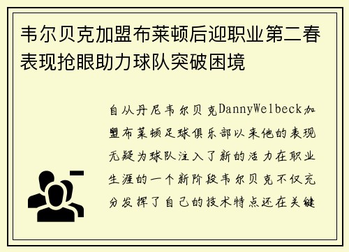 韦尔贝克加盟布莱顿后迎职业第二春表现抢眼助力球队突破困境